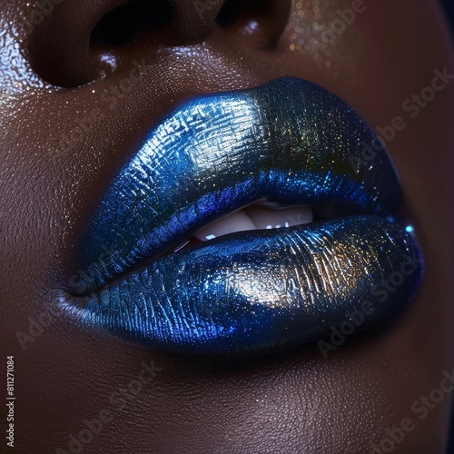 Detailed view of a womans face showcasing bold blue lipstick that shimmers like moonlight, A metallic lip color that shimmers like moonlight on water