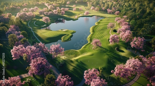 Aerial view of a pristine golf course, vibrant green fairways and azure blue water hazards, framed by flowering cherry blossom trees, late afternoon, long realistic