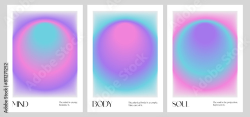 Positive Aura Gradient posters set. Y2k style blurred gradient. Body, mind, soul aura aesthetic. Colourful spiritual. Trendy wall art. Futurism vector art. Red, pink, yellow. Print, wallpaper, web