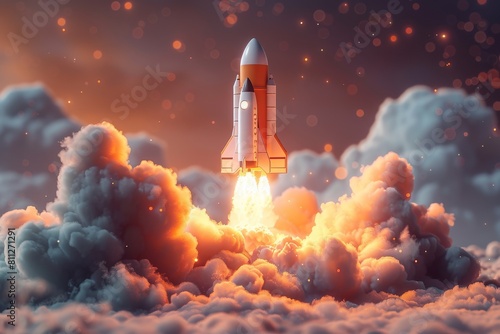 A powerful rocket launches into space  surrounded by billowing clouds and intense fire at the base  symbolizing power and innovation