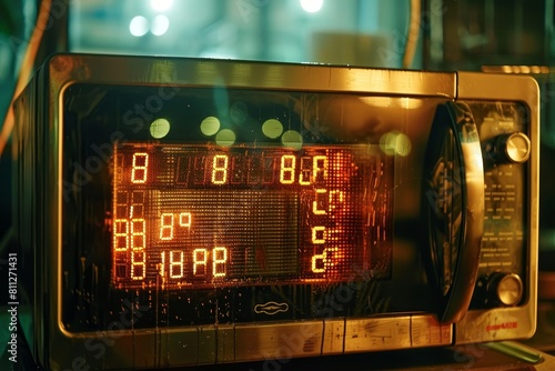 Detailed view of clock sitting on table with clear display of time and ticking motion, A microwave oven glitching with erratic display numbers photo