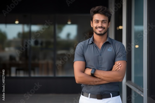 A Visionary Entrepreneur Standing Confidently with a Beaming Smile in Front of the Bustling Startup Hub Where Dreams are Forged into Reality
