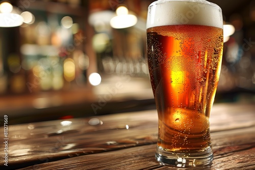 Beer glass on wooden table in bar, blurred background with space for text placement photo