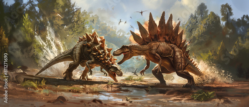 a stegosaurus defending its territory against a fearsome allosaurus, using its spiked tail as a weapon while the predator lunges forward, jaws agape, in a fierce display of primal aggression photo