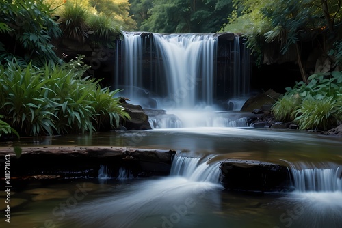 Peaceful waterfall. Beautiful water cascade at London s Kew Gardens 