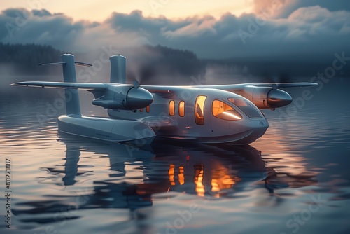 Digitally created image depicting a modern twin-engine aircraft peacefully floating on a misty, serene lake photo