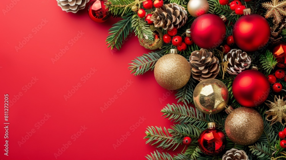 Christmas ornaments on red background for festive holiday decoration and new year celebrations Christmas ornaments on red background for festive holiday decoration and new year celebrations