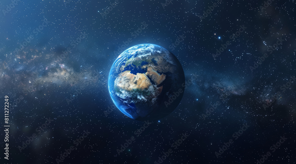 Obraz premium Galaxy, space and earth in solar system with dark background of universe for adventure, exploration or fantasy. Cosmos, night and wallpaper of interstellar orbit for astrology, astronomy or planet