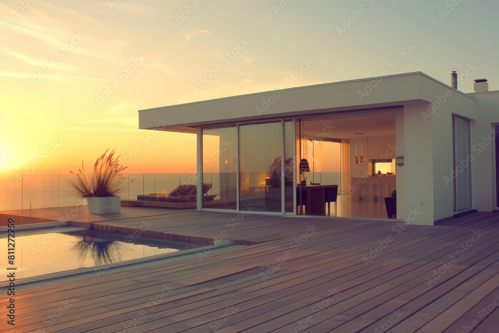 A deck features a table and chairs next to a sparkling swimming pool under a clear sky, A minimalist beach house with sliding glass doors and a rooftop terrace A deck features a table and chairs next to a sparkling swimming pool under a clear sky, A minimalist beach house with sliding glass doors and a rooftop terrace