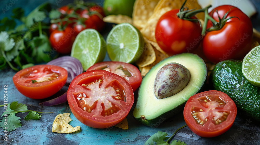 Avocados in the foreground with onion, tomato, jalapeño, cilantro, chips and lime in the background Avocados in the foreground with onion, tomato, jalapeño, cilantro, chips and lime in the background
