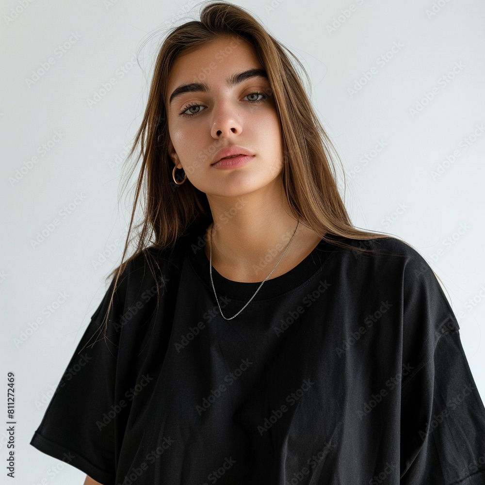black oversized T-shirt, white background, on a beautiful girl in full height, similar to Jolie black oversized T-shirt, white background, on a beautiful girl in full height, similar to Jolie