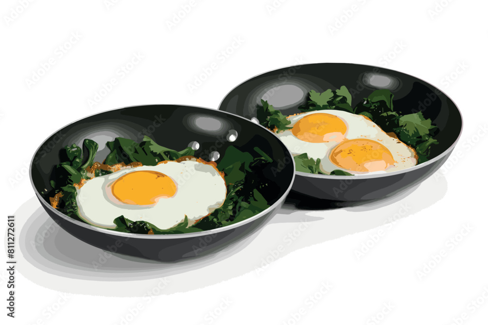 Delicious shakshuka in frying pans isolated on white, set Delicious shakshuka in frying pans isolated on white, set