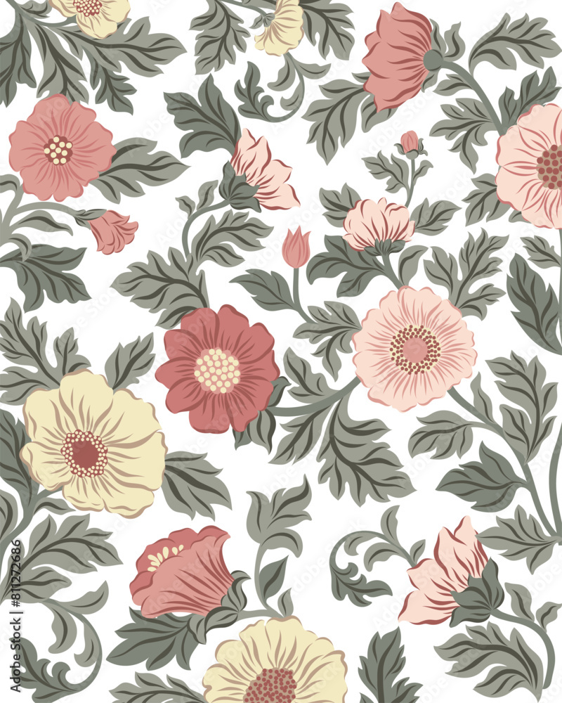 Obraz premium Vector illustration, floral frame on a white background. Hand drawn vintage flowers. Traditional motif