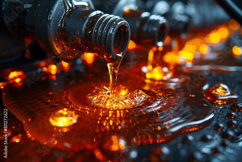 Detailed image of engine oil being poured, highlighting its viscosity and golden color in a strikingly industrial setting