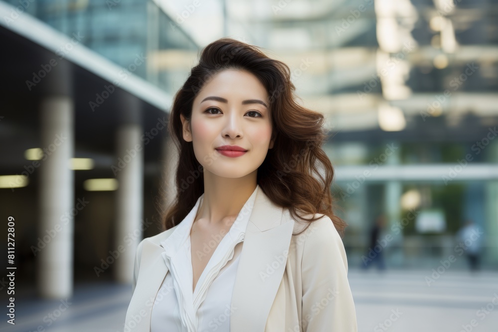 A Vision of Modernity: An Elegant Woman Standing Confidently Before the Gleaming Facades of a Bustling Technology Park A Vision of Modernity: An Elegant Woman Standing Confidently Before the Gleaming Facades of a Bustling Technology Park