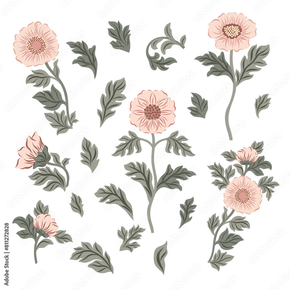 Vector illustration with vintage flowers on a white background. Hand drawn vintage flowers. Traditional motif