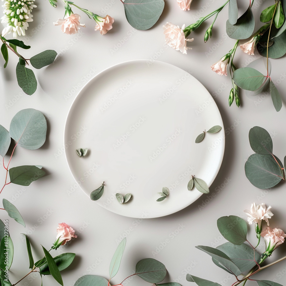 flatlay photo mockup background, top down table, muted green plants, pink flowers, blank in the center flatlay photo mockup background, top down table, muted green plants, pink flowers, blank in the center