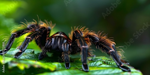 Tarantula Spider in the Rainforest: Displaying Its Unique Appearance on Green Leaves. Concept Nature Photography, Wildlife Documentary, Rainforest Exploration, Tarantula Behavior