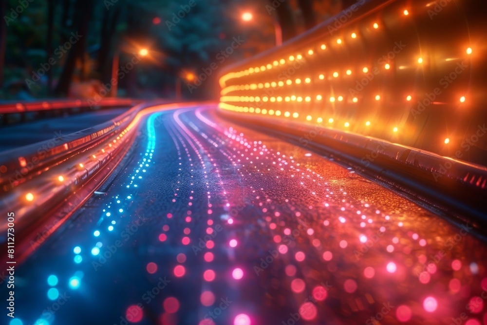 A vivid display of multicolored lights creating a vibrant glow along a city street at twilight, giving a sense of warmth and energy A vivid display of multicolored lights creating a vibrant glow along a city street at twilight, giving a sense of warmth and energy