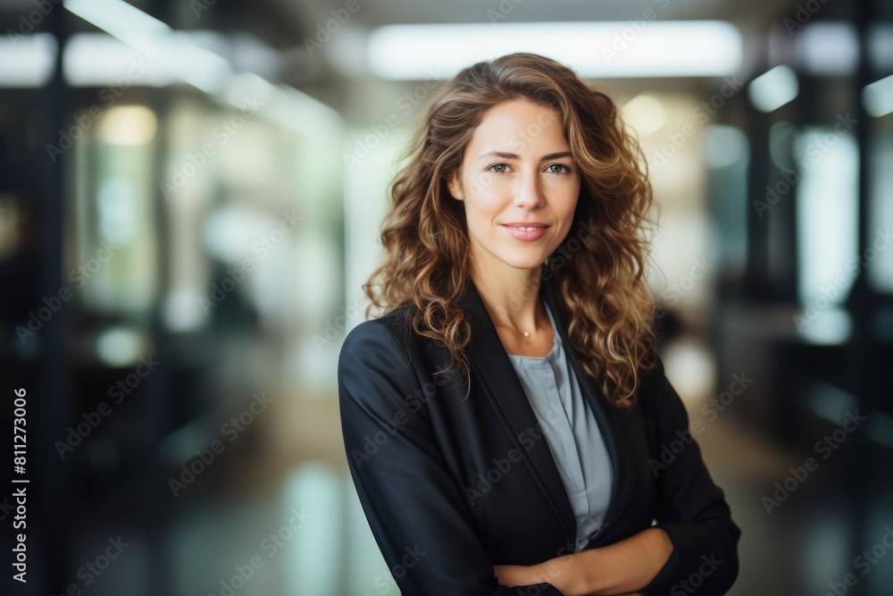Naklejka premium A Confident Female Marketing Executive Standing Proudly in Front of Her Innovative Marketing Agency's Glass Facade