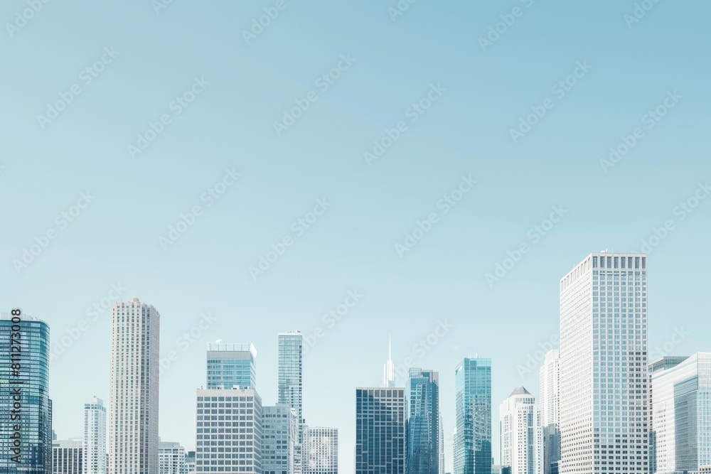 A large body of water surrounded by tall buildings in a minimalist city skyline, A minimalist city skyline, emphasizing the clean lines and shapes of the buildings against a clear blue sky