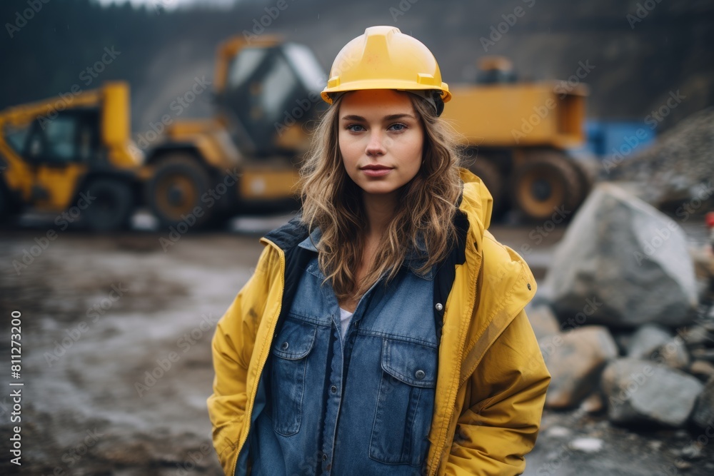 A Resilient Vision of Femininity: A Striking Portrait of a Determined Woman Standing Boldly Before the Rugged Backdrop of a Bustling Stone Processing Facility A Resilient Vision of Femininity: A Striking Portrait of a Determined Woman Standing Boldly Before the Rugged Backdrop of a Bustling Stone Processing Facility