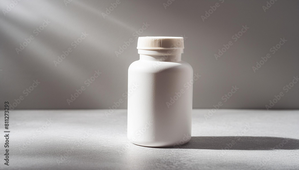 Mock-up of blank supplement bottle. Small white plastic bottle with medicine or vitamins. Mock-up of blank supplement bottle. Small white plastic bottle with medicine or vitamins.