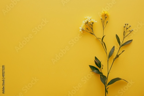A yellow wall adorned with vibrant flowers  A minimalist composition featuring a solid yellow background