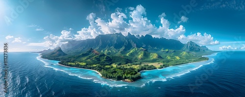 Dramatic Contrast of Mountainous Terrain and Deep Blue Ocean in Captivating Aerial Drone Photograph of Idyllic Tropical Island Paradise
