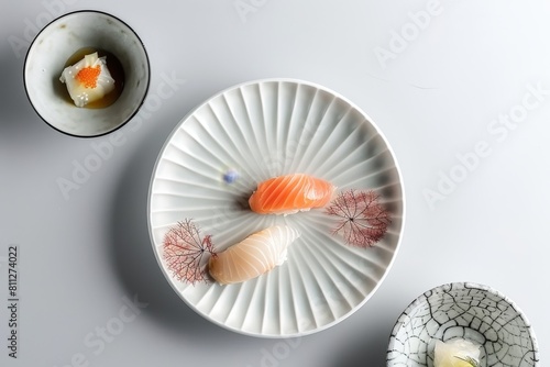 A white plate topped with sushi placed next to two bowls on a table, A minimalist design featuring delicate seafood dishes presented on elegant plates