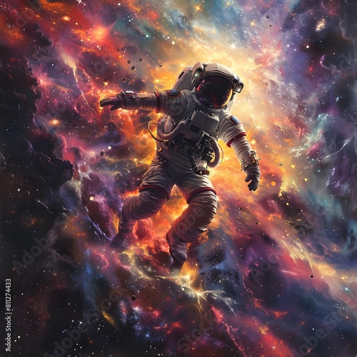 Captivating Cosmic Ballet of an Ethereal Astronaut Adrift in a Vibrant Nebula of Celestial Splendor © imagincy
