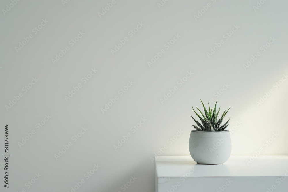 A small plant sits in a white pot on a white shelf, A minimalist desk with a single potted plant A small plant sits in a white pot on a white shelf, A minimalist desk with a single potted plant