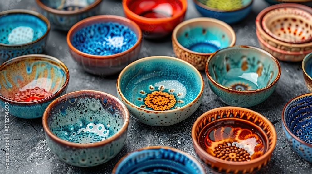 A collection of vibrant bowls resting atop a gray table with various bowl shapes and sizes A collection of vibrant bowls resting atop a gray table with various bowl shapes and sizes