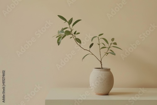 A white vase with a plant sitting on a minimalist desk, A minimalist desk with a single potted plant