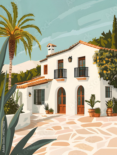 Traditional Spanish Mediterranean style White House flat style illustration 
