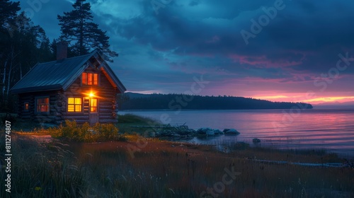 A small cabin is lit up by a light, and the sky is filled with clouds