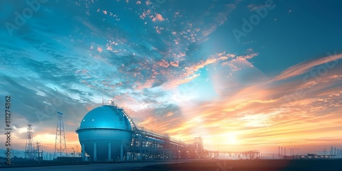 Outdoor View of an Industrial Spherical LNG Gas Storage Tank at Sunset. Concept Sunset Lighting, Industrial Landscape, LNG Storage Tank, Spherical Structure, Outdoor Photography