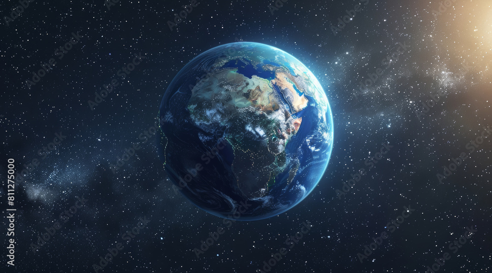 Obraz premium Space, universe and earth in galaxy with dark background for adventure, orbit exploration or fantasy. Night, planet and wallpaper of interstellar solar system for astrology, astronomy or cosmos