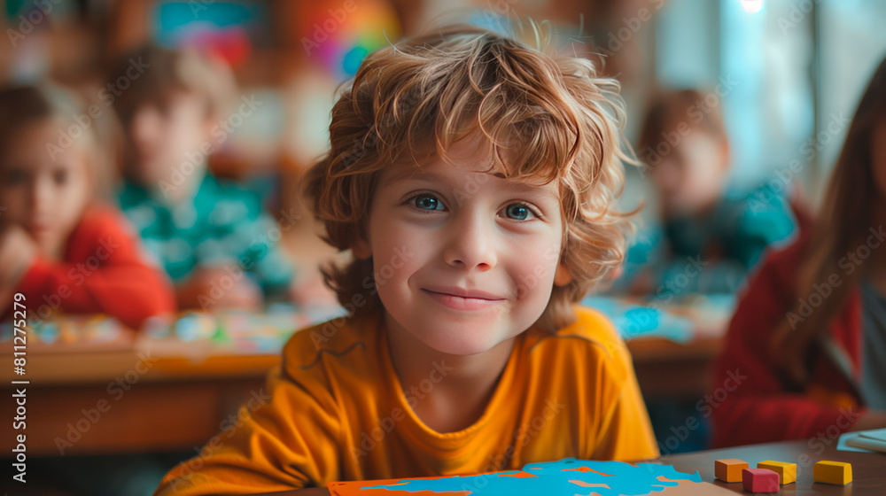 Smiling White Child Engaged in Classroom Learning and Looking at Camera, Surrounded by Classmates in a Blurred Background Smiling White Child Engaged in Classroom Learning and Looking at Camera, Surrounded by Classmates in a Blurred Background