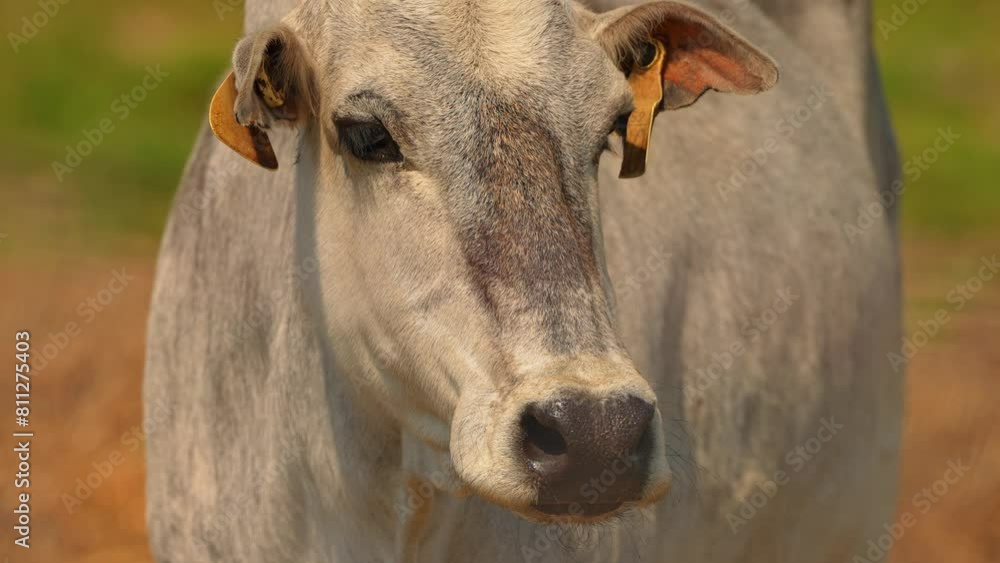 Cow Zebu domestic cattle at the farm during hot summer. Feeding animals ranch attraction for tourists, summer leisure and entertainment. Slow motion. Cow Zebu domestic cattle at the farm during hot summer. Feeding animals ranch attraction for tourists, summer leisure and entertainment. Slow motion.
