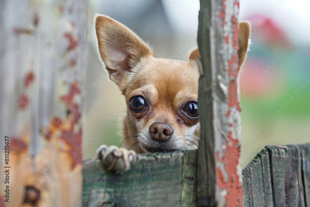 A mischievous chihuahua sticks its head out of a wooden fence, curious and alert, A mischievous chihuahua peeking out from behind a fence