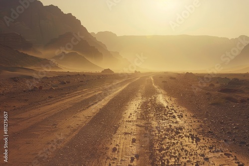 A dirt road stretches through a barren desert landscape with no signs of life, A mirage shimmering in the distance, teasing travelers with false hope photo