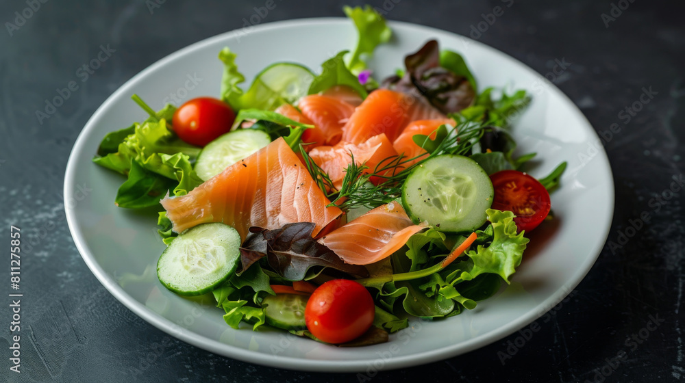 Traditional estonian salad with smoked salmon, mixed greens, cherry tomatoes, cucumber, and dill, served on a white plate