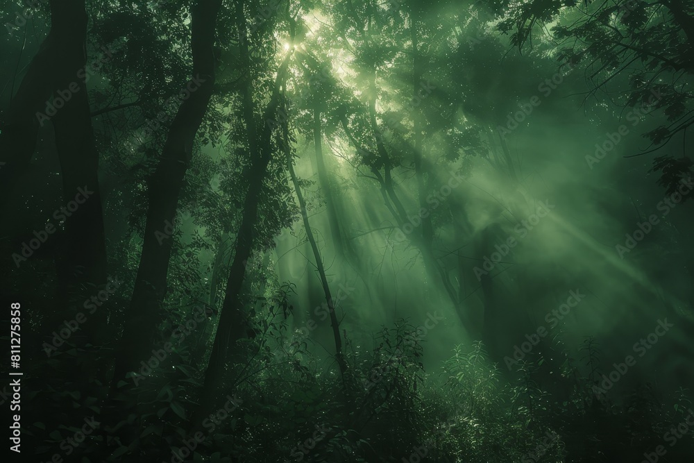 A forest with numerous green trees covered in mist, A misty forest shrouded in ethereal light