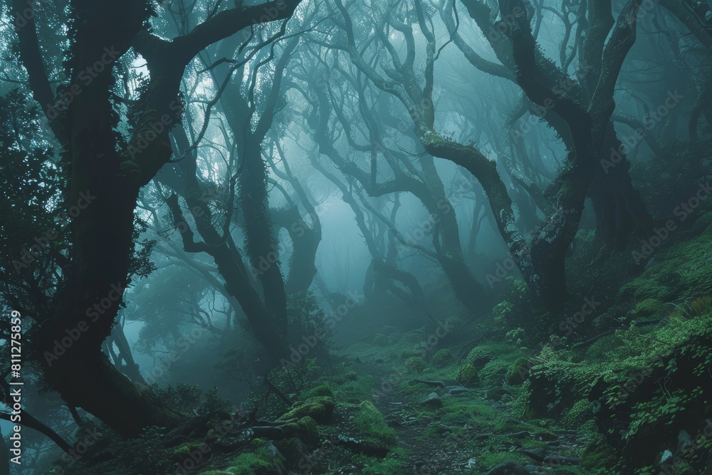 Dense forest with numerous trees enveloped in thick fog on a misty morning, A misty morning hike through a mystical forest filled with ancient trees Dense forest with numerous trees enveloped in thick fog on a misty morning, A misty morning hike through a mystical forest filled with ancient trees