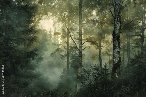 A painting depicting a dense forest filled with numerous trees, enveloped in mist and illuminated by ethereal light, A misty forest shrouded in ethereal light