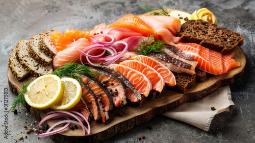 Variety of estonian smoked fish specialties with rye bread, dill, lemon, and red onions, presented on a rustic wooden platter