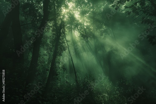 A forest with numerous green trees covered in mist, A misty forest shrouded in ethereal light