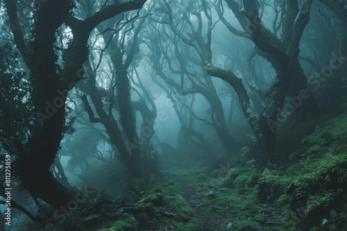 Dense forest with numerous trees enveloped in thick fog on a misty morning, A misty morning hike through a mystical forest filled with ancient trees