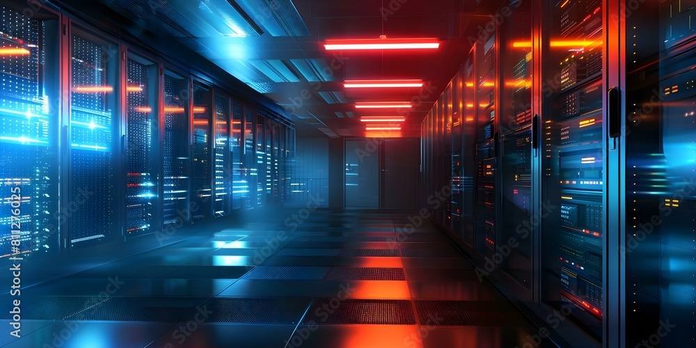 Visual Representation of a Server Room with Computer Racks and Data Storage. Concept Technology Infrastructure, Data Center Management, Server Room Setup, Network Equipment, Data Storage Solutions